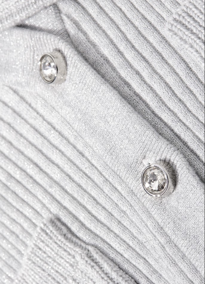 RIBBED KNIT LONG-SLEEVE CARDIGAN WITH DIAMENTÉ BUTTONS - SILVER